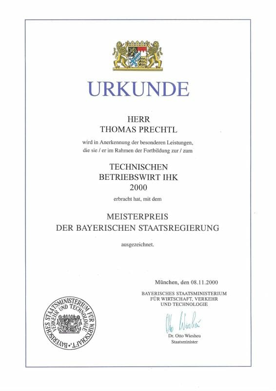 Meisterpreis der Bayerischen Staatsregierung Technischer Betriebswirt