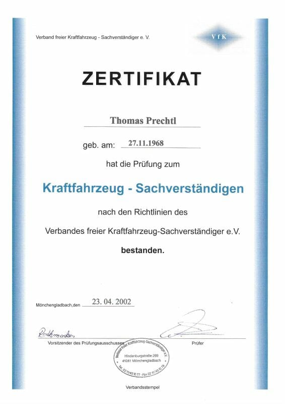 Zertifikat KFZ-Sachverständiger